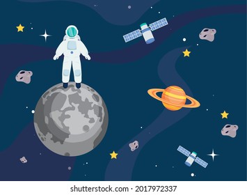 Astronaut on moon saturn and satellites at universe space