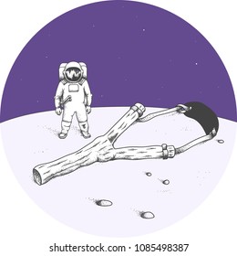 The astronaut on the moon and slingshot.