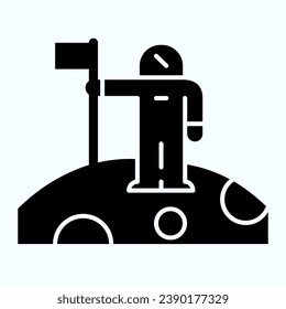 Astronaut on the Moon solid icon. Cosmonaut in suit standing with flag. World space week design concept, glyph style pictogram on white background, use for web and app. Eps 10