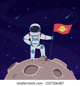 Astronaut on moon. Spaceman with flag in spacesuit explores moon surface. Futuristic planet in space, cosmos traveler, vector scientific discovery concept