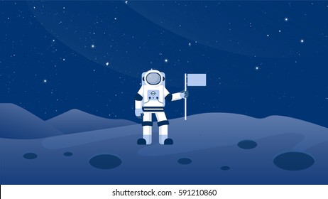 Astronaut On The Moon Surface With A Flag