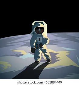 Astronaut on the moon surface. Flat geometric space illustration.