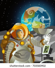 astronaut on moon surface with land rover