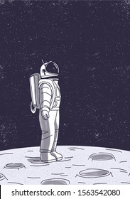 Astronaut on Moon surface vector illustration. Cosmonaut in outer space cartoon character. Interstellar travel, Universe studying, space exploration. Planet gravitation, gravity force.