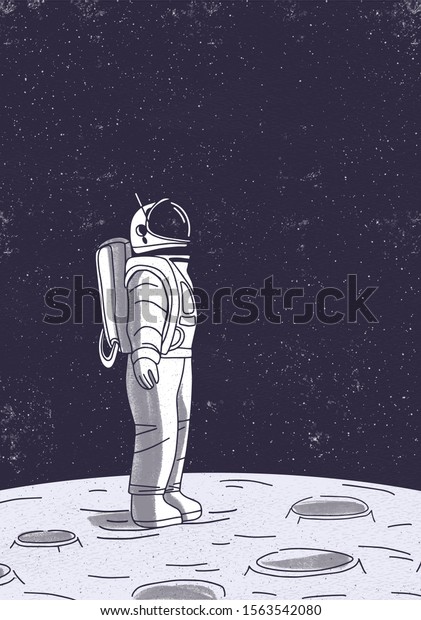 Astronaut\
on Moon surface vector illustration. Cosmonaut in outer space\
cartoon character. Interstellar travel, Universe studying, space\
exploration. Planet gravitation, gravity\
force.