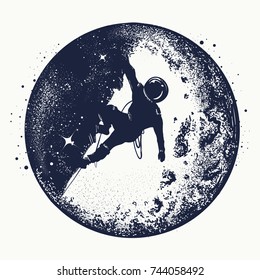 Astronaut on the moon tattoo and t-shirt. Spaceman new planets 