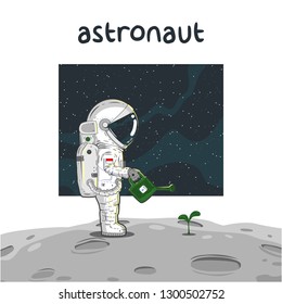 Astronaut on the moon watering plant vector