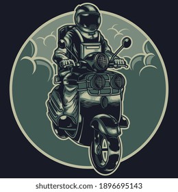 Astronaut on the motorcycle. Biker cosmonaut rides through the universe on a retro motorbike. Vintage motorcycle club. Space theme. Vector t-shirt, poster and other uses design illustration