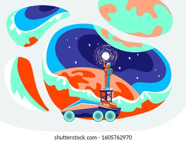 An astronaut on other planet  stands on rover, lift and fastens the sun to the sky. Stars, other planets, space theme, trendy color combination 2020, papercut technique