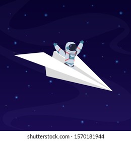 Astronaut on paper airplane. Cosmonaut, space traveler flies through starry galaxy. Universe explorer, spaceman vector childish cosmic travel concept