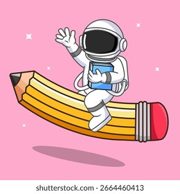 Astronauta en un lápiz volando por el espacio con una Ilustración vectorial de libro aislada