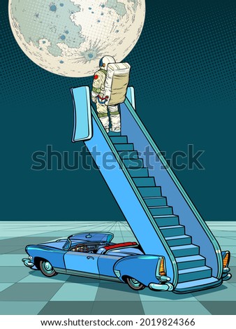 The astronaut on the plane ramp was going to go into space. Huge Moon and Humanity