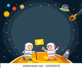 Astronaut  on the planet with a alien spaceship. Space scenes.Template for advertising brochure.