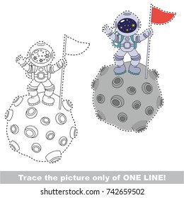 Astronaut on a Planet to be traced only of one line, the tracing educational game to preschool kids with easy game level, the colorful and colorless version.