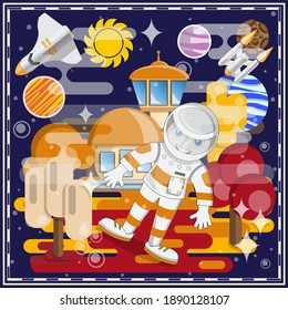 Astronaut on the planet. Fantastic background. Vector illustration.