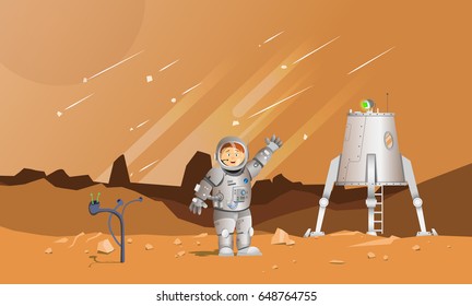 Astronaut on the planet Mars. Spaceship. Landing module. Stone terrain. Meteor Rain. The astronaut waves his hand. New planet