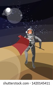 Astronaut on planet surface vector illustration. Cheerful cosmonaut in space suit holding flag cartoon character. Brave pioneer, galaxy expedition, landing. Interstellar travel, cosmic expedition