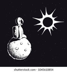 Astronaut on planet watches to sun.Spaceman explore universe.Vector illustration