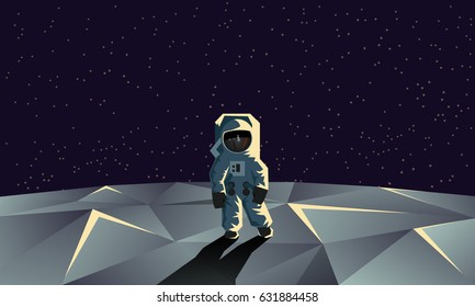 Astronaut on the polygonal moon surface. Flat geometric space illustration.