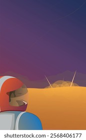 Astronaut on red planet. Cosmonaut in space suit and helmet explore landscape. Science man on mars desert ground mission.