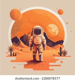 Astronaut on red planet Mars Mission cosmonauts flat vector design illustration