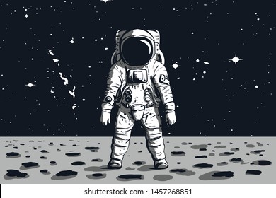 Astronaut on rock surface with space background. Vector image