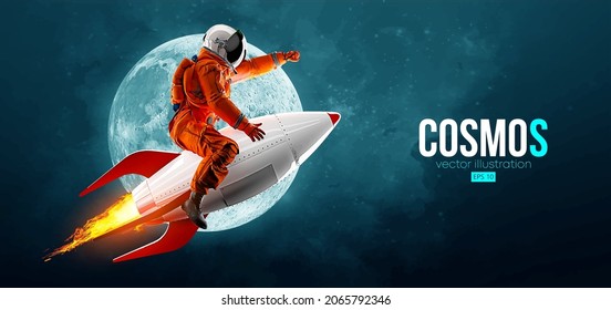 Astronaut on a rocket on the background of the moon and space. Vector illustration