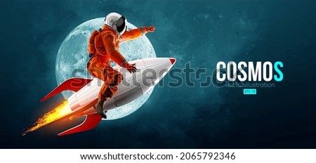 Astronaut on a rocket on the background of the moon and space. Vector illustration