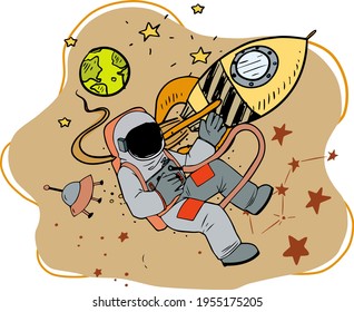 An astronaut on a rocket flies to the moon around a star. Vector  illustration.