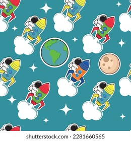 Astronaut on a rocket pattern, vector image, space, seamless image, background