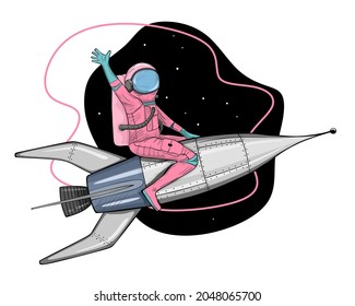 Astronaut on the rocket, pink color