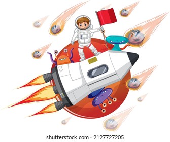 An astronaut on rocketship with aliens in cartoon style illustration