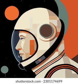 Astronaut on Saturn, Art Deco Vector Poster with Abstract Hand Drawing