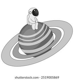 Um astronauta em Saturno isolou o fundo branco. A ilustração plana do vetor cósmico pode usar a impressão de t-shirt e o modelo para a decoração têxtil e de parede. EPS 10 Curso editável