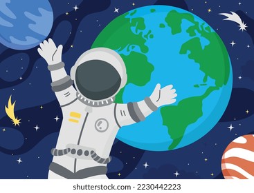 Astronaut on space background. Character in suit on background of earth and planet. Astrology and Astronomy, universe and galaxy. Poster or banner for website. Cartoon flat vector illustration