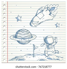 astronaut on space shuttle illustration doodle line on paper