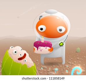 Astronaut on the surface of Mars congratulates with the birth of the extraterrestrial and gives the cake with a candle. Vector illustration.
