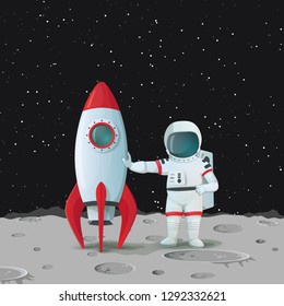 Astronaut on the surface of the moon standing near the rocketship and touching it with one hand and with other hand akimbo with dark sky and stars in the background. Vector space icon.