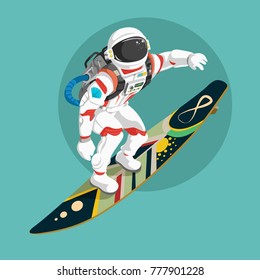 Astronaut on surfboard. Vector illustration.