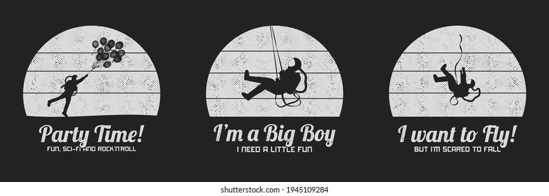 Astronaut on swing. Cosmonaut with balloons. Man silhouette on bungee