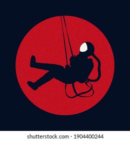 Astronaut on swing. Cosmonaut silhouette and red planet. Man in space