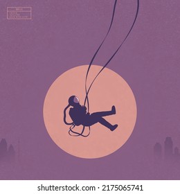 Astronaut On Swing. Cosmonaut Silhouette. City In Fog And Evening Sun