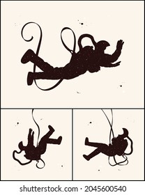 Astronaut on swing. Falling cosmonaut isolated silhouette. Starry sky