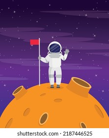 Astronaut on an unknown red planet with a flag.