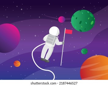 Astronaut on an unknown red planet with a flag. Vector illustration.