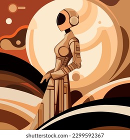 Astronaut on Venus, Art Deco Vector Poster with Abstract Hand Drawing