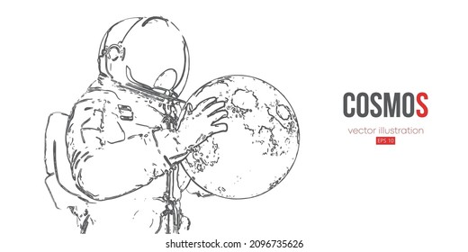Astronaut on the white background of the moon line art. Vector illustration