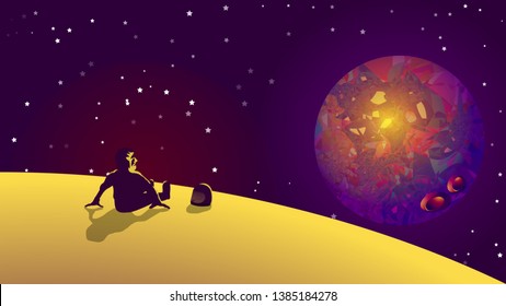 an astronaut on a yellow planet, taking off his helmet, sitting looking at the surrounding space landscape.  