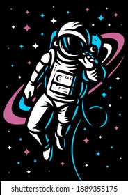 Astronaut in open space against the backdrop of a galaxy surrounded by stars - vector illustration, poster design.