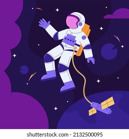 Astronaut in open space against the backdrop of a galaxy surrounded by stars - vector illustration, poster design.